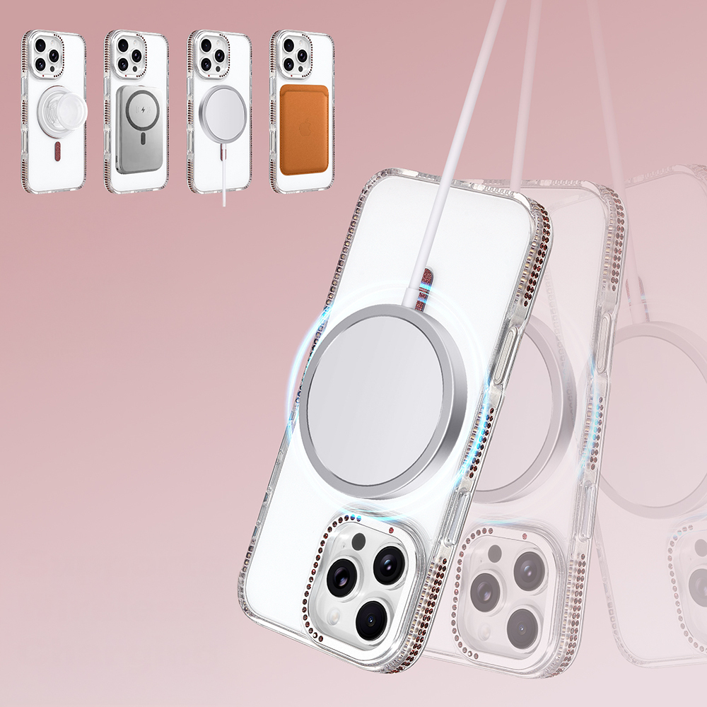 MagSafe şarj cihazı ve taşlı süslemeli şeffaf telefon kılıfı.