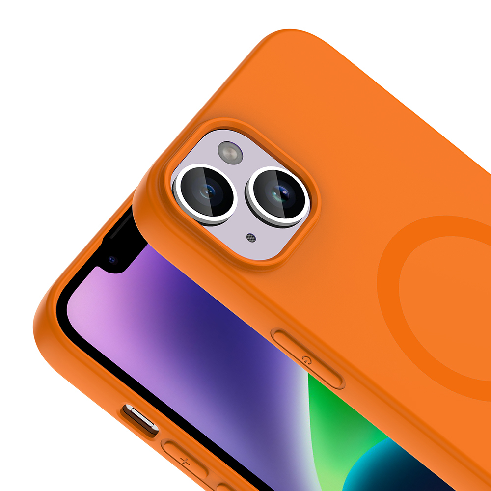 Çift kameralı turuncu telefon kılıfı, beyaz zeminde.