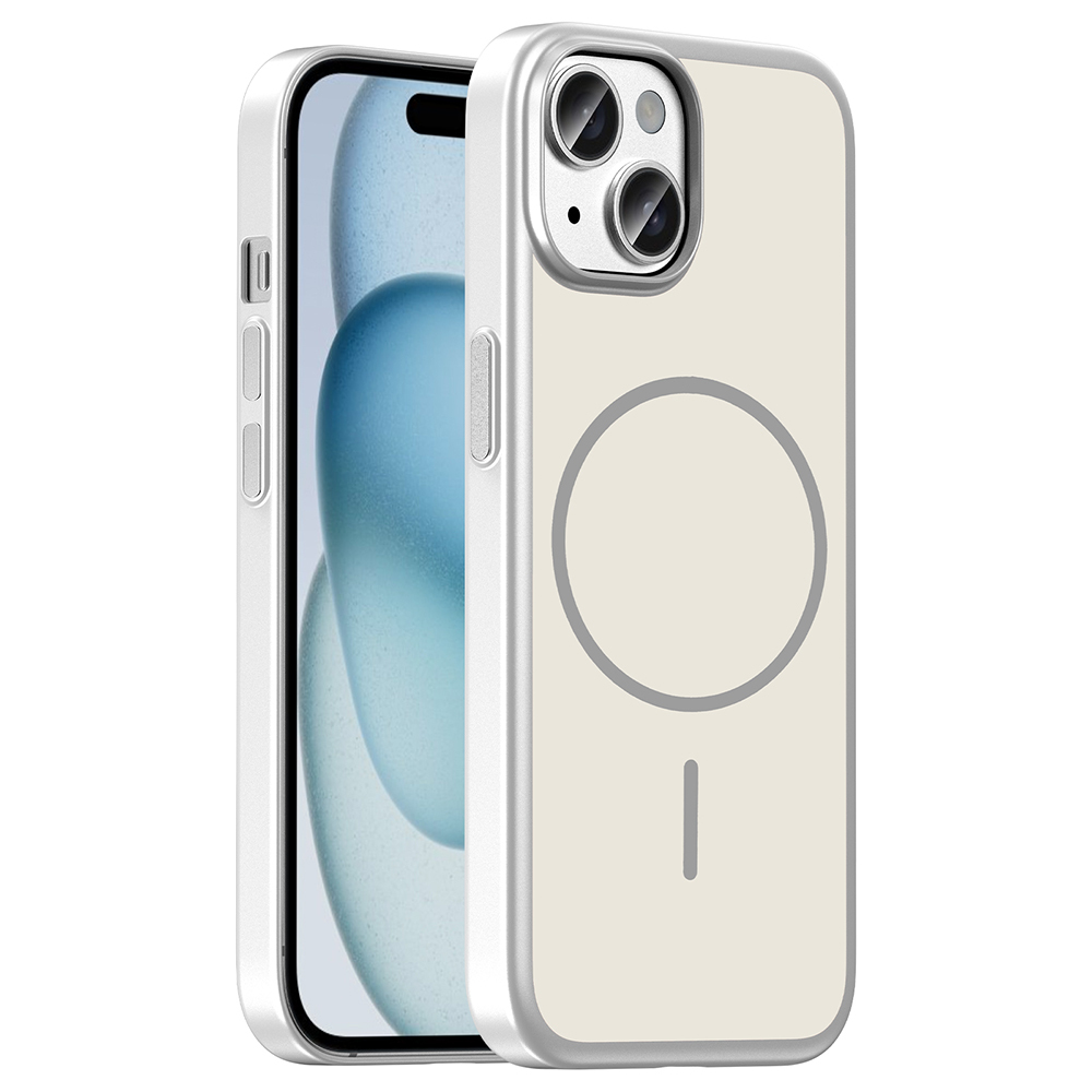 Gümüş çerçeveli ve kamera modüllü krem rengi telefon.