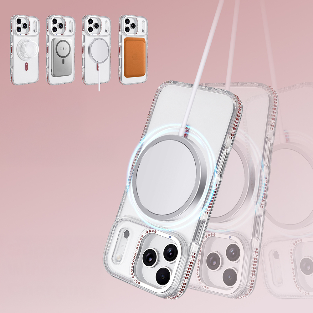 MagSafe aksesuarlı şeffaf iPhone kılıfı: şarj cihazı, cüzdan ve halka tutucu.