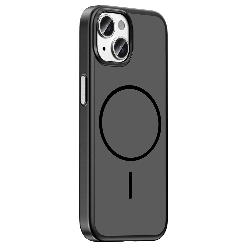 Dairesel manyetik halkalı ve dikey çizgili siyah telefon kılıfı.