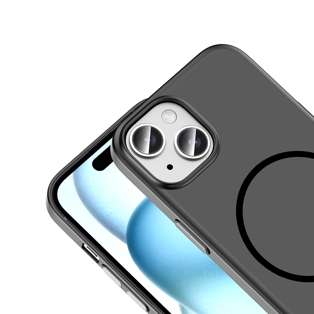 İki lensli görünür kamera çıkıntısına sahip koyu gri telefon kılıfı.
