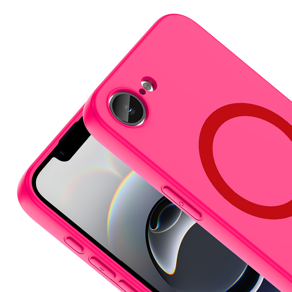 Arkada kırmızı halka tasarımlı pembe bir telefon.
