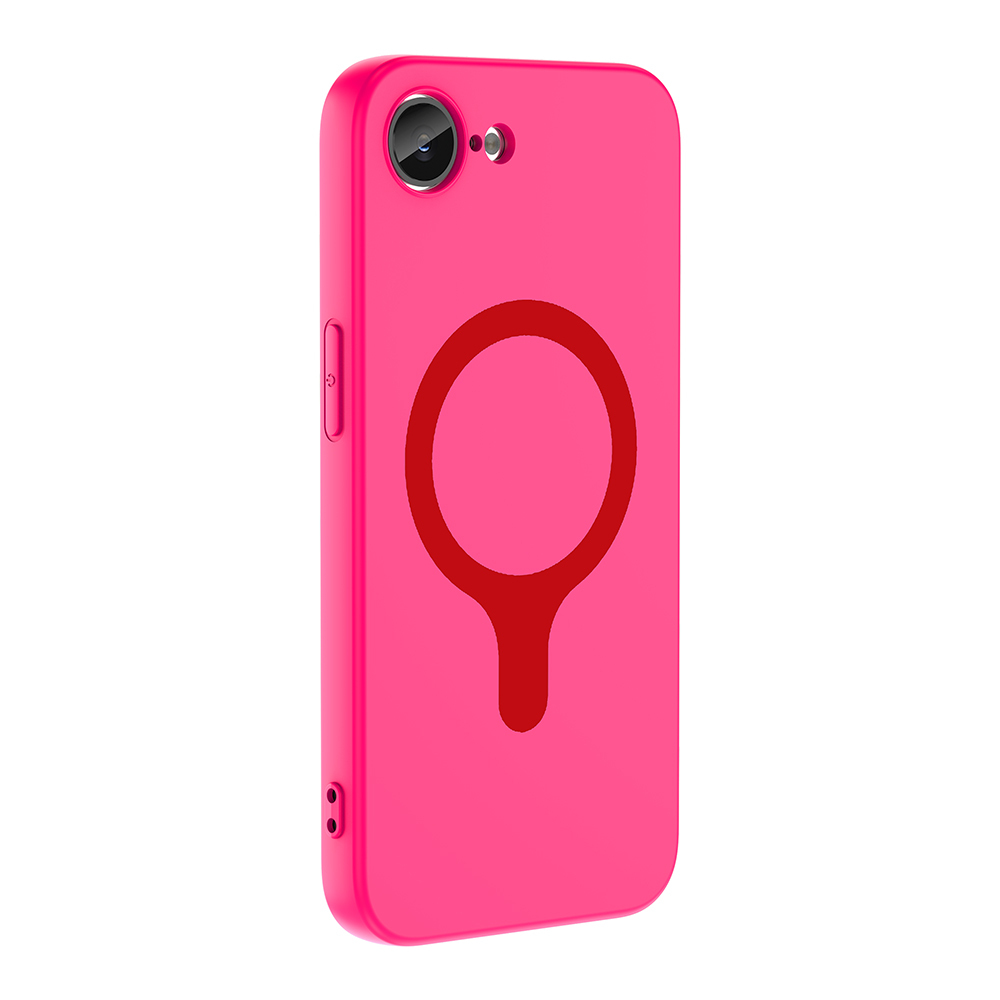 Arkada kırmızı halka ve sap tasarımı olan parlak pembe telefon kılıfı.