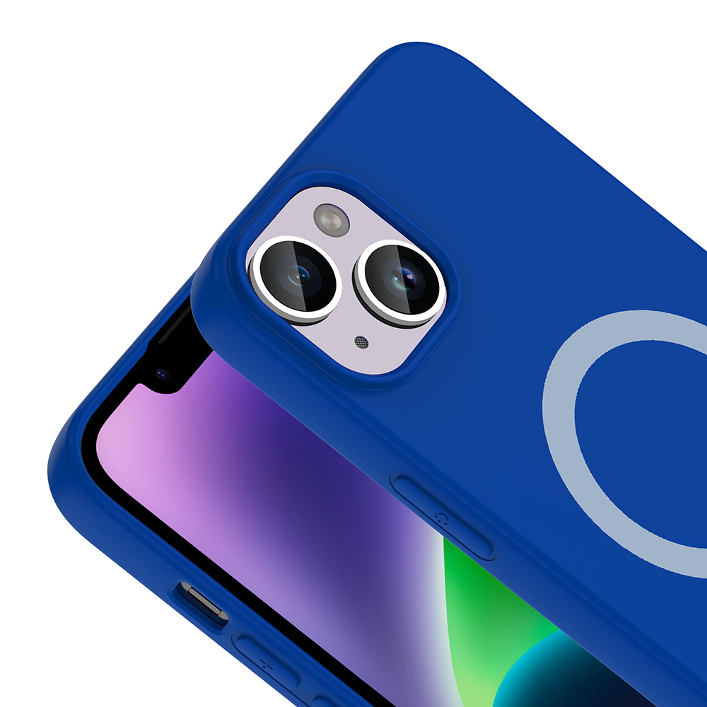 Mavi telefon kılıfı, kamera kesimi ve manyetik halka beyaz arka planda.