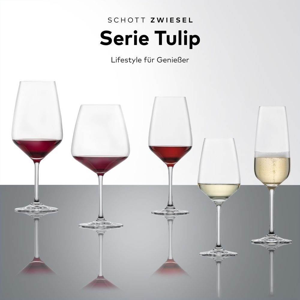 Fünf Weingläser mit Rotwein, Weißwein und Sekt auf spiegelnder Oberfläche.