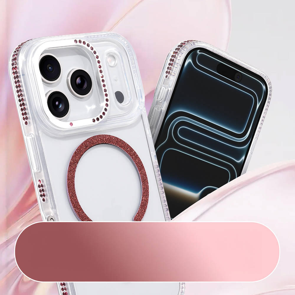 Pembe taşlı iki şeffaf telefon kılıfı. Biri kamerayı, diğeri ekranı gösteriyor.