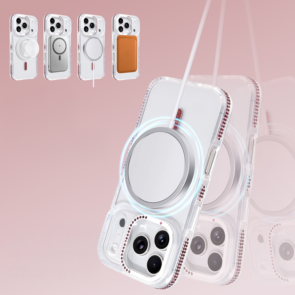 MagSafe aksesuarlı ve taşlı kenarlı şeffaf telefon kılıfları.