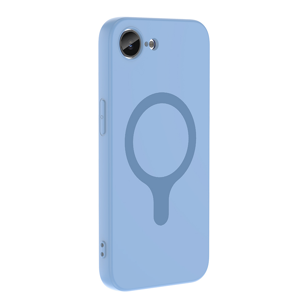 Yuvarlak manyetik halkalı ve kamera kesimli açık mavi telefon kılıfı.