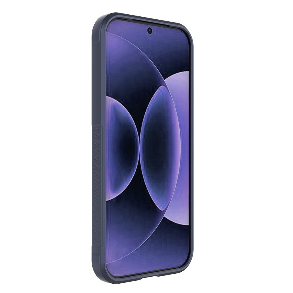 Yan tarafında dikey desen ve mor duvar kağıdı bulunan lacivert telefon.