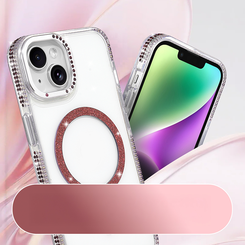 Pembe arka plan üzerinde simli ve halkalı iki iPhone kılıfı.