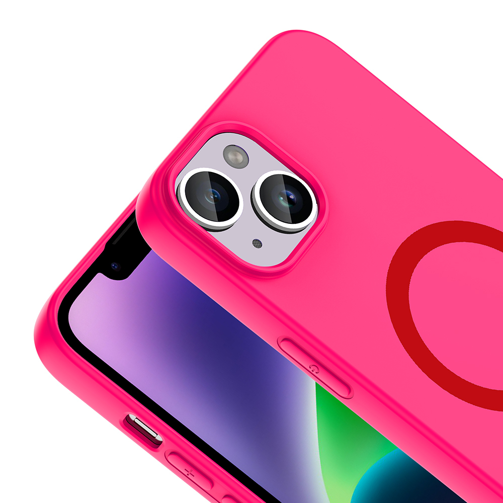 İki kamera lensli ve kırmızı halkalı pembe telefon görünüyor.