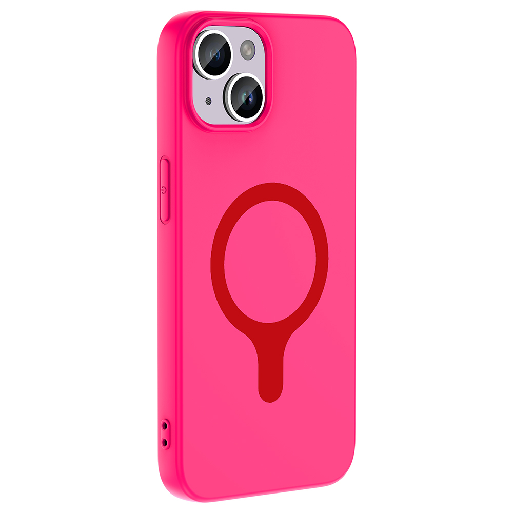 Kırmızı MagSafe dairesel imzalı parlak pembe telefon kılıfı.