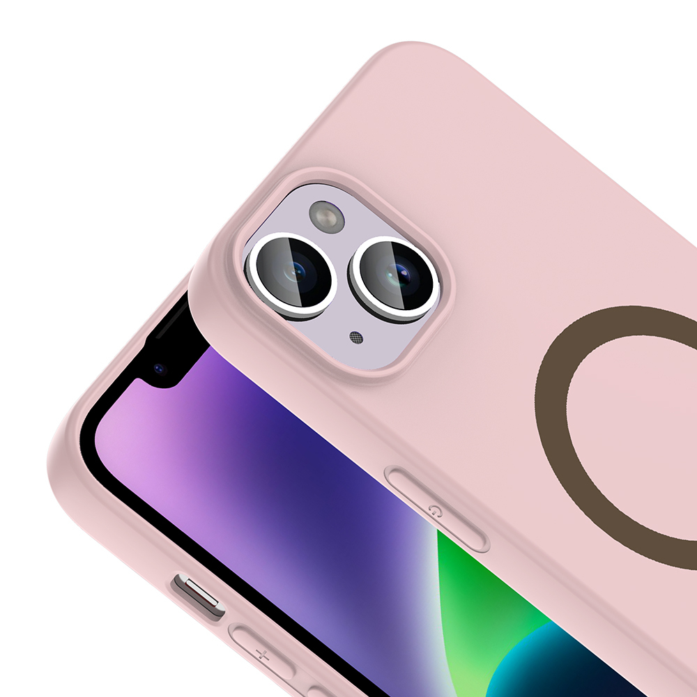 Halka ve kamera modülüne sahip pembe telefon kılıfı, beyaz arka plan üzerinde.