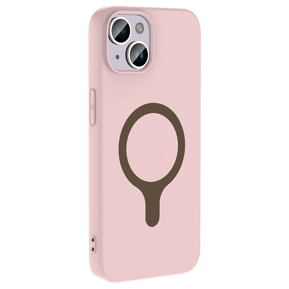 Arkada koyu renkli halka ve sap tasarımına sahip pembe telefon kılıfı.