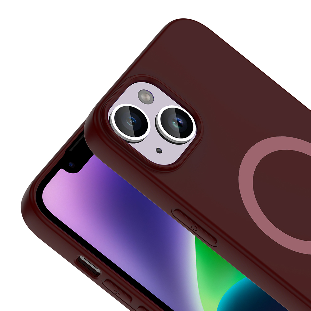 İki kameralı ve dairesel detaylı koyu kırmızı telefon kılıfı.