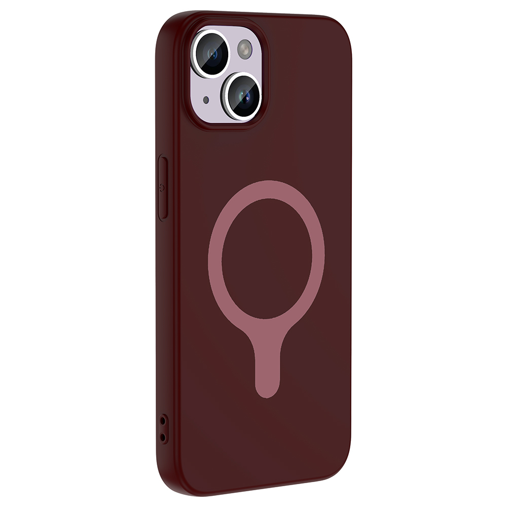 Kamera çıkıntılı ve dairesel tasarımlı koyu kırmızı telefon kılıfı.