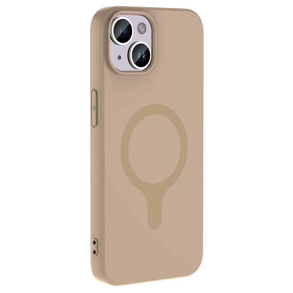 Dairesel desenli ve kamera lensli bej telefon kılıfı.