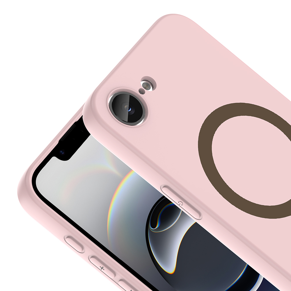 Beyaz arka plan üzerinde kamera lensi ve dairesi olan pembe telefon.