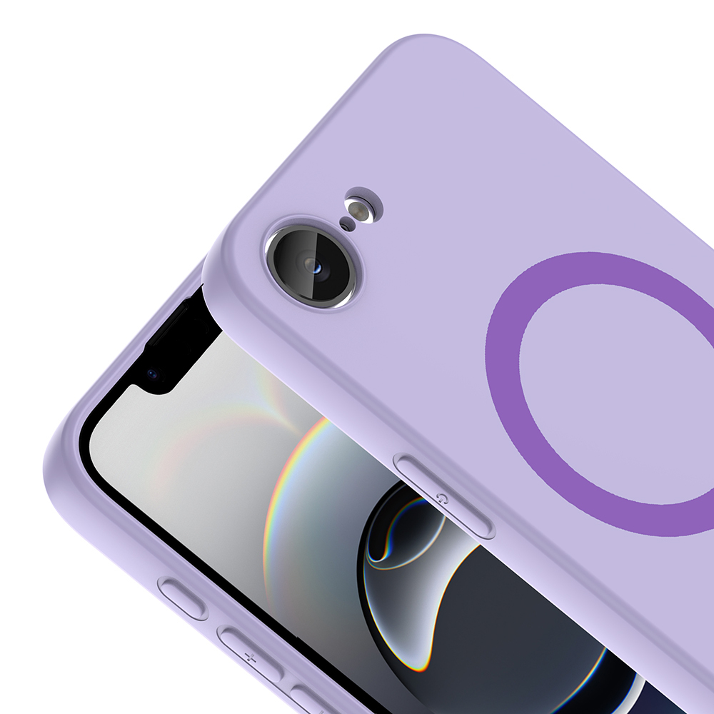 Arkada dairesel manyetik halka işaretli mor bir iPhone.