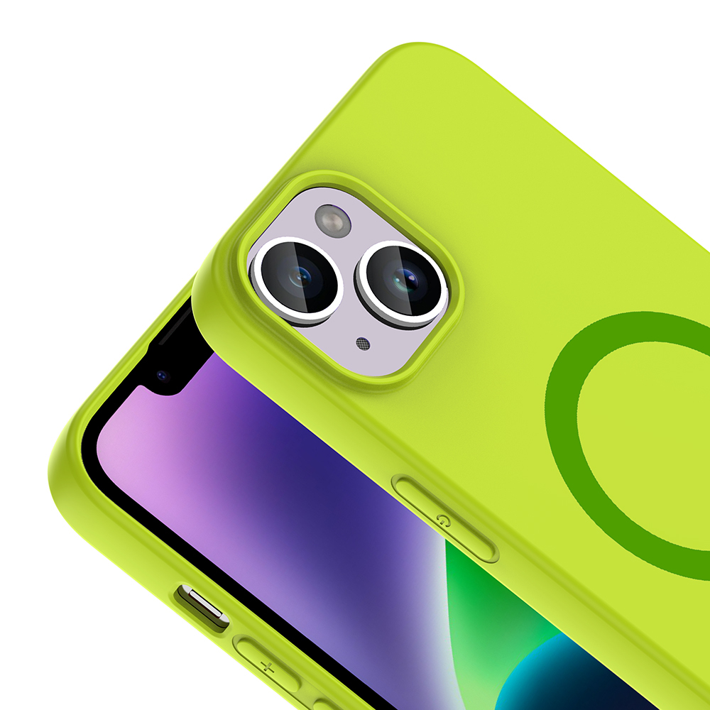 Dairesel tasarımlı ve kamera kesimli neon yeşili telefon kılıfı.