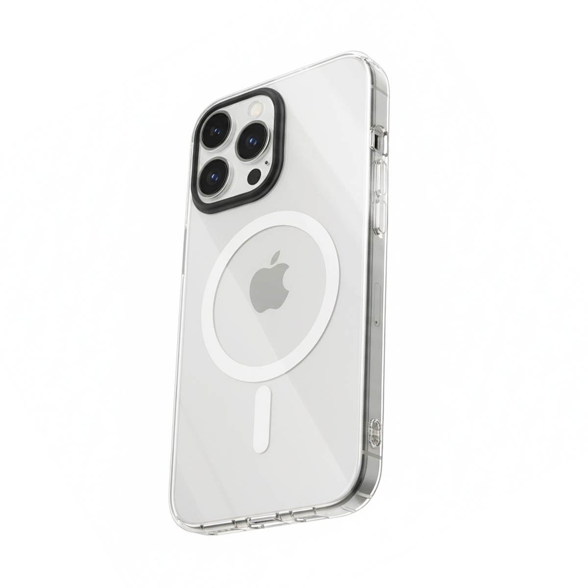 Cover trasparente per telefono con logo Apple e array fotocamera su sfondo bianco.