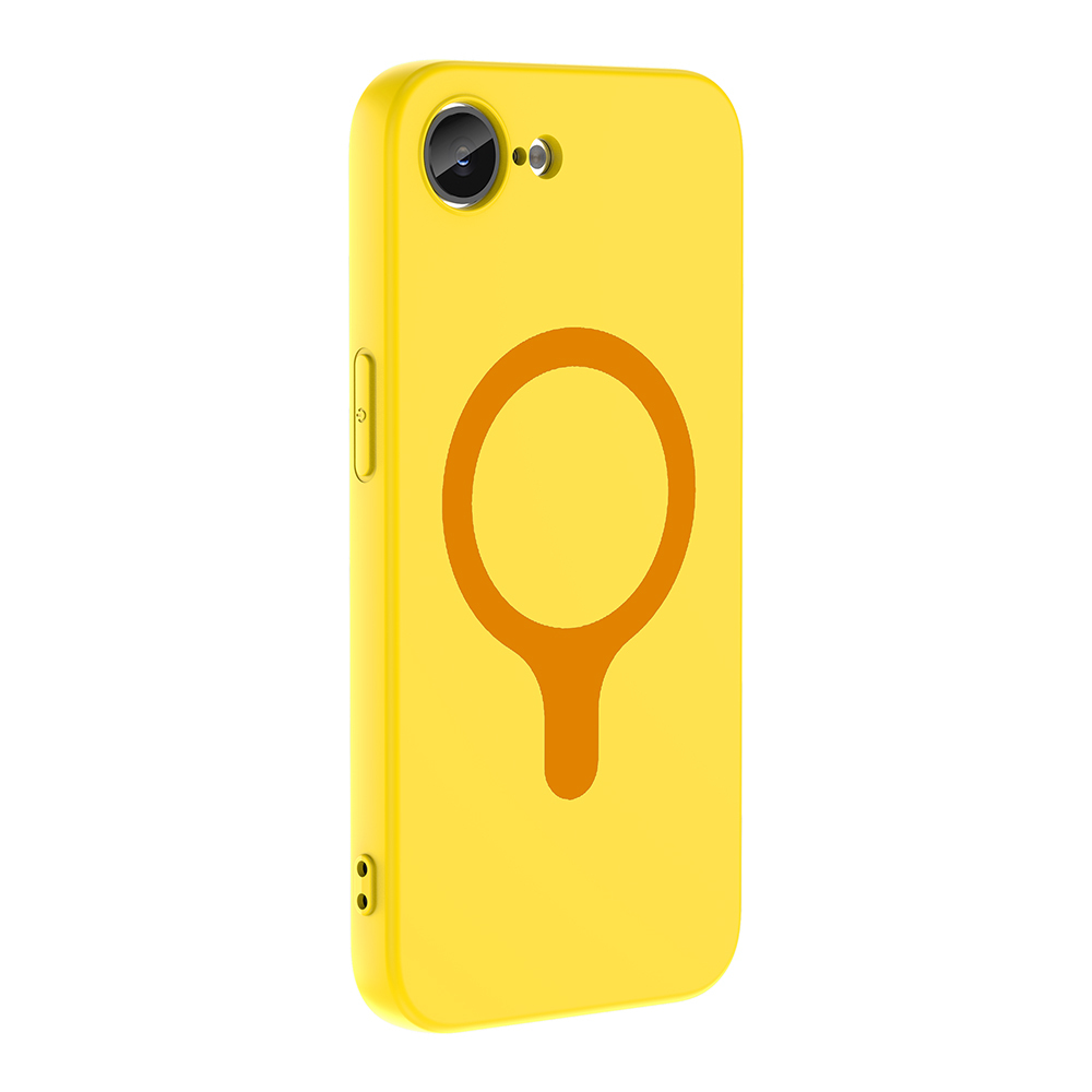 Turuncu halka ve sap tasarımlı sarı telefon kılıfı.