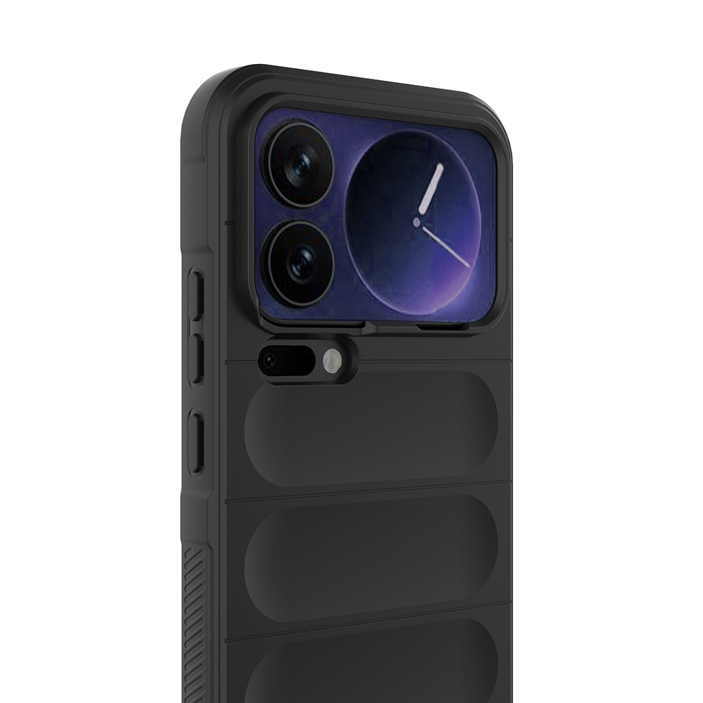 Kameralı ve saat ekranlı siyah telefon kılıfı beyaz arka planda.
