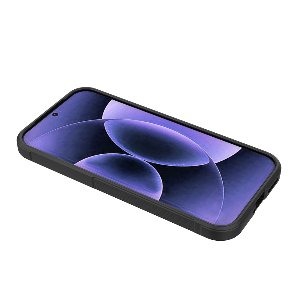 Ekranında soyut mor duvar kağıdı bulunan siyah bir akıllı telefon.