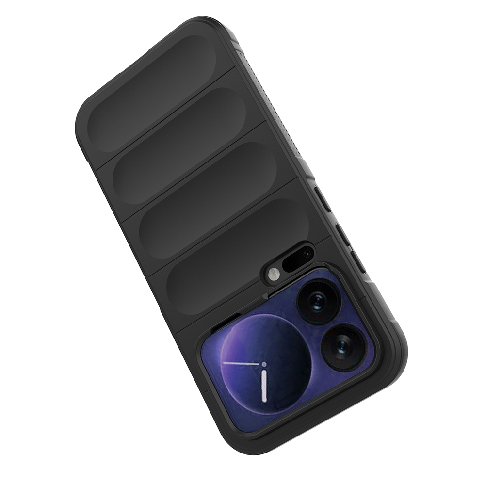 Kanallı ve kamera modüllü siyah telefon kılıfı.