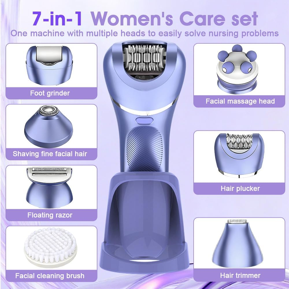 Ein violettes 7-in-1-Damenpflege-Set mit mehreren angezeigten Aufsätzen.