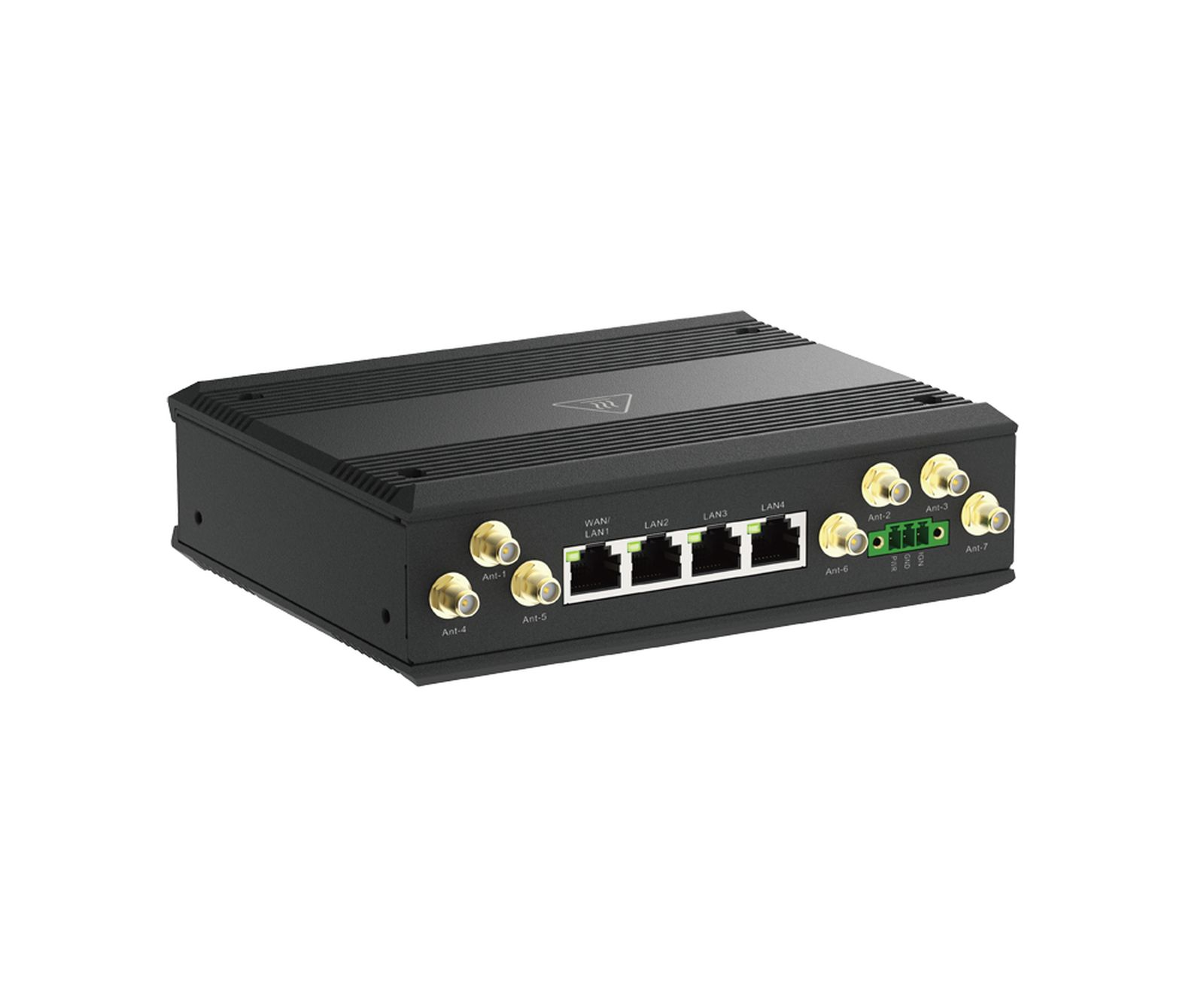 Schwarzer Router mit 4 LAN-Anschlüssen, 1 WAN/LAN-Anschluss und 7 Antennenanschlüssen.