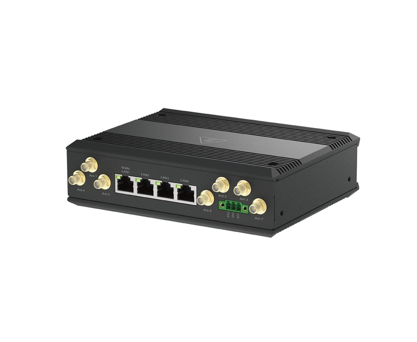 Schwarzer Router mit 5 LAN-Anschlüssen, 7 Antennenanschlüssen und einem Stromanschluss.