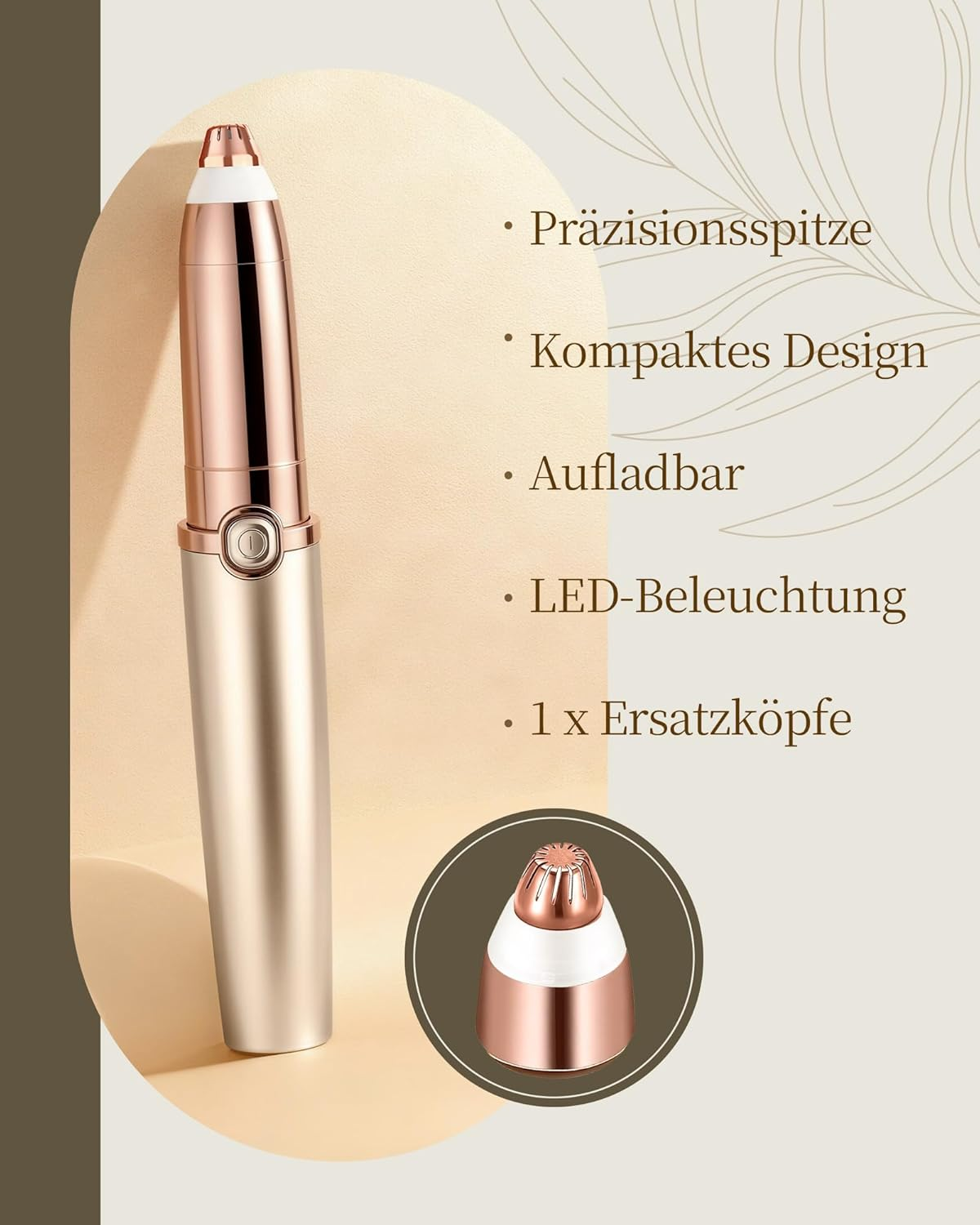 Ein roségoldener Präzisions-Epilierer mit LED-Licht und Ersatzkopf.