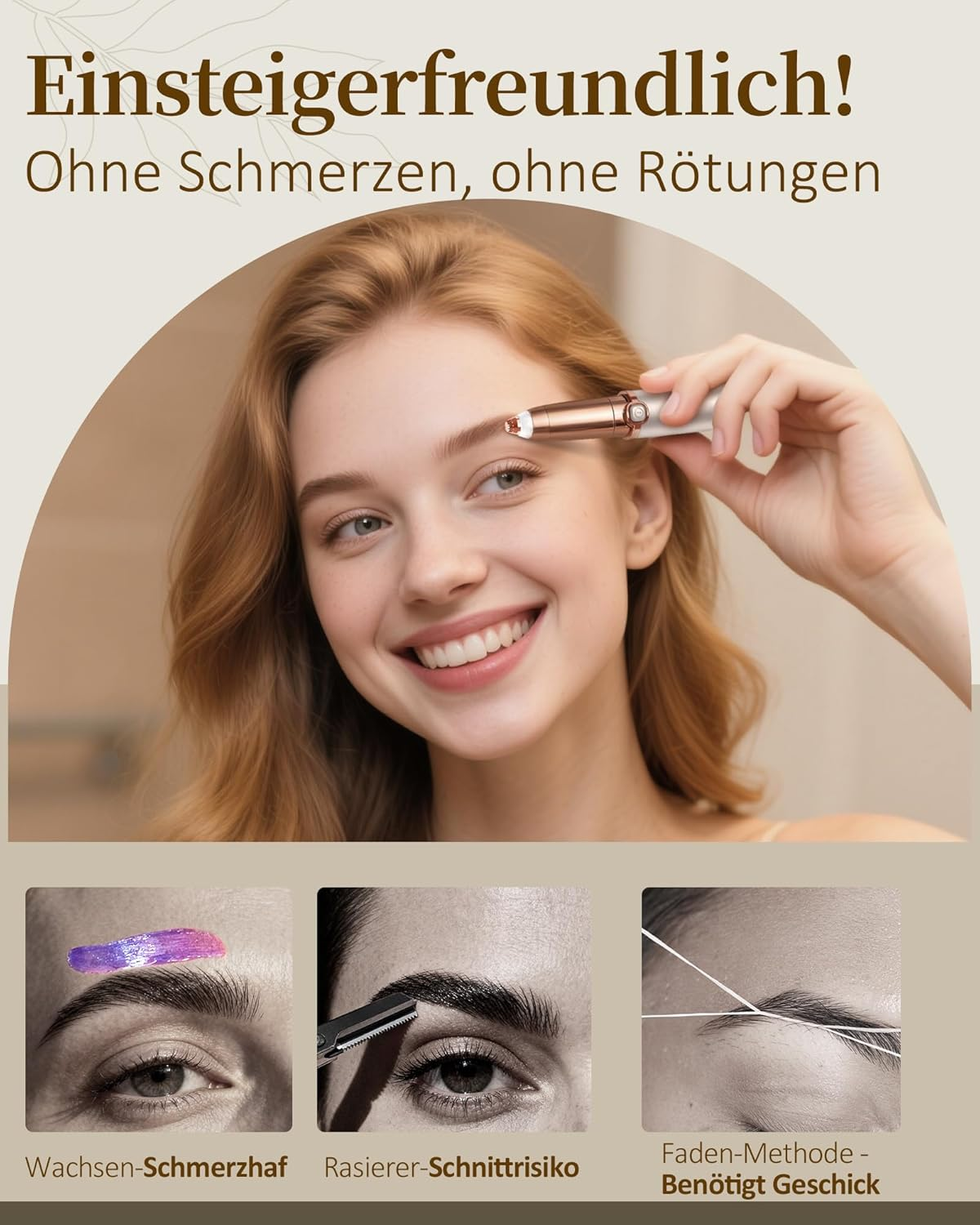 Einsteigerfreundliches Augenbrauen-Tool im Einsatz, mit Vergleichen zu Wachsen, Rasieren und Faden.