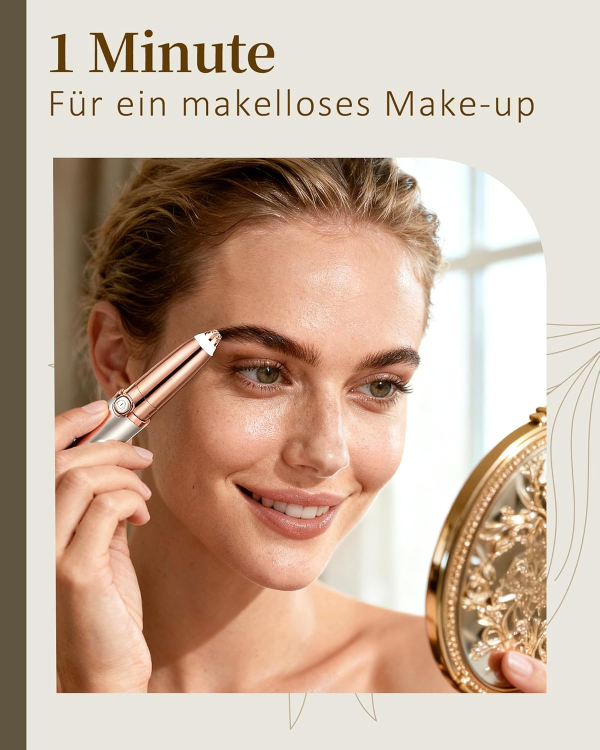 Eine Frau mit einem Augenbrauen-Trimmer vor einem Spiegel, die sich schminkt.