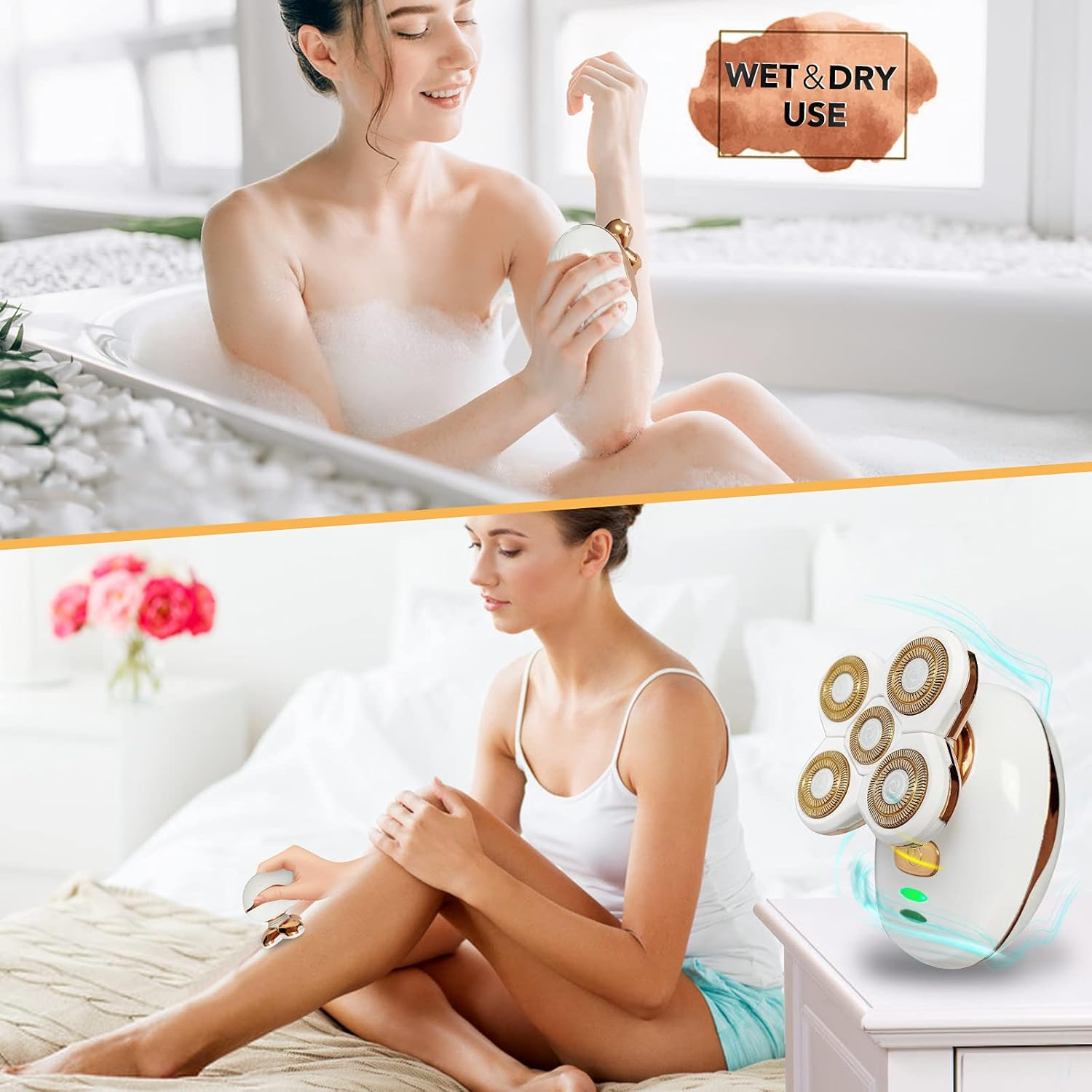 Eine Frau entspannt in der Badewanne, eine andere rasiert ihr Bein mit einem Epilierer.