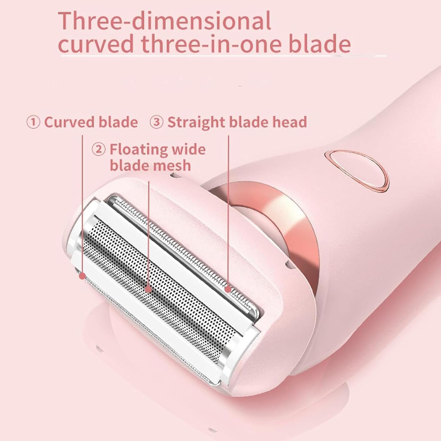 Pinker Elektrorasierer mit dreidimensionalem, gekrümmtem Drei-in-Eins-Klingenkopf.