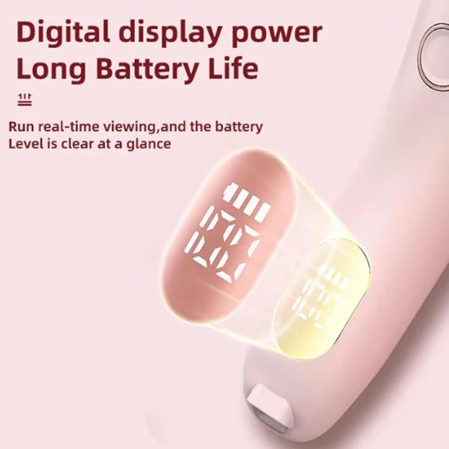 Ein rosa Gerät mit digitaler Anzeige, die eine Batterieanzeige zeigt.