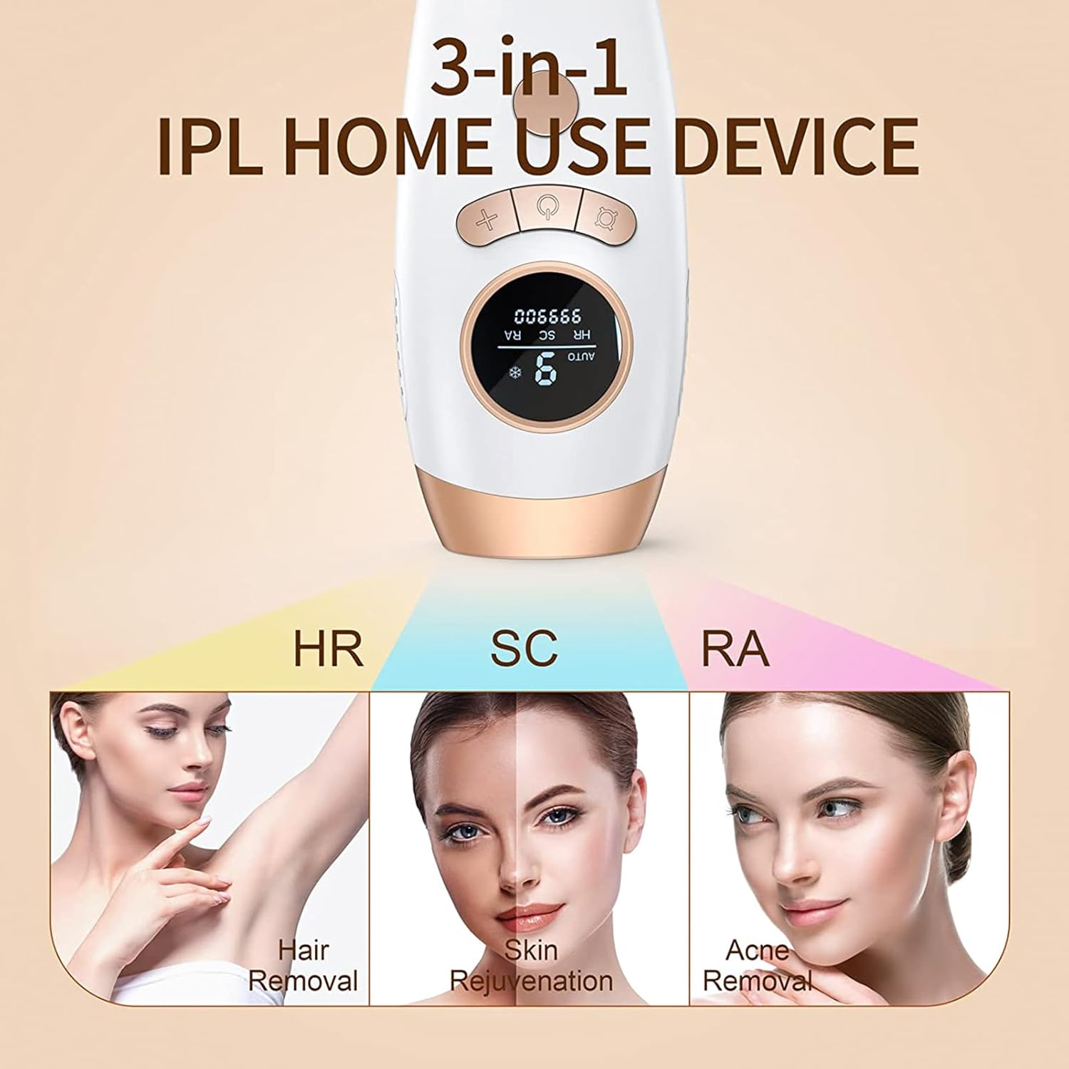 3-in-1 IPL-Heimgerät für Haarentfernung, Hautverjüngung und Akneentfernung.