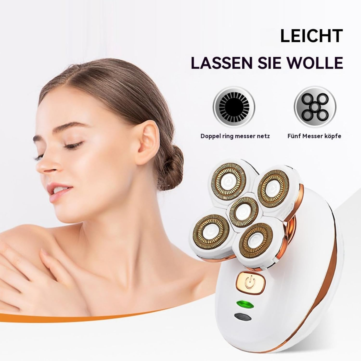 Frau mit Epilierer, der mit 5 Klingensystemen und Doppelklingennetz dargestellt ist.