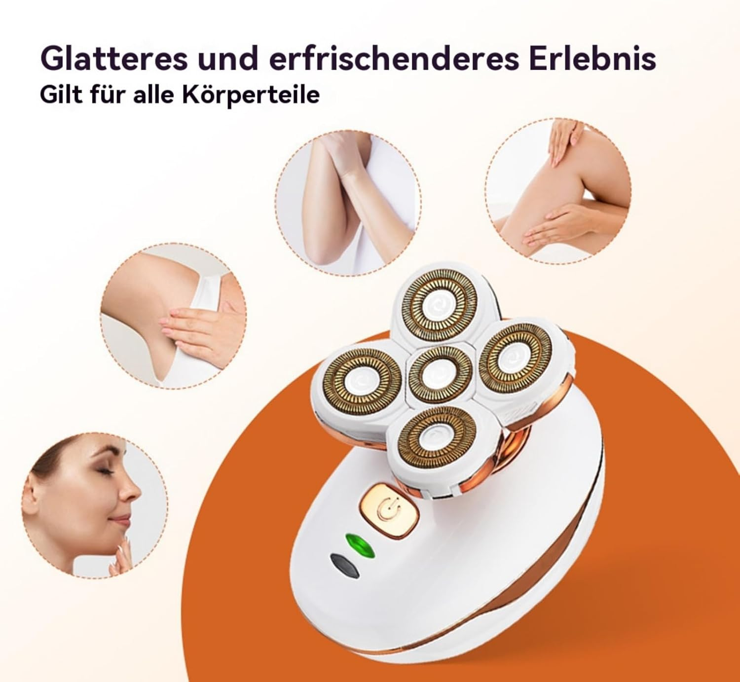 Ein weißer Epilierer mit goldenen Elementen, der für verschiedene Körperteile wirbt.