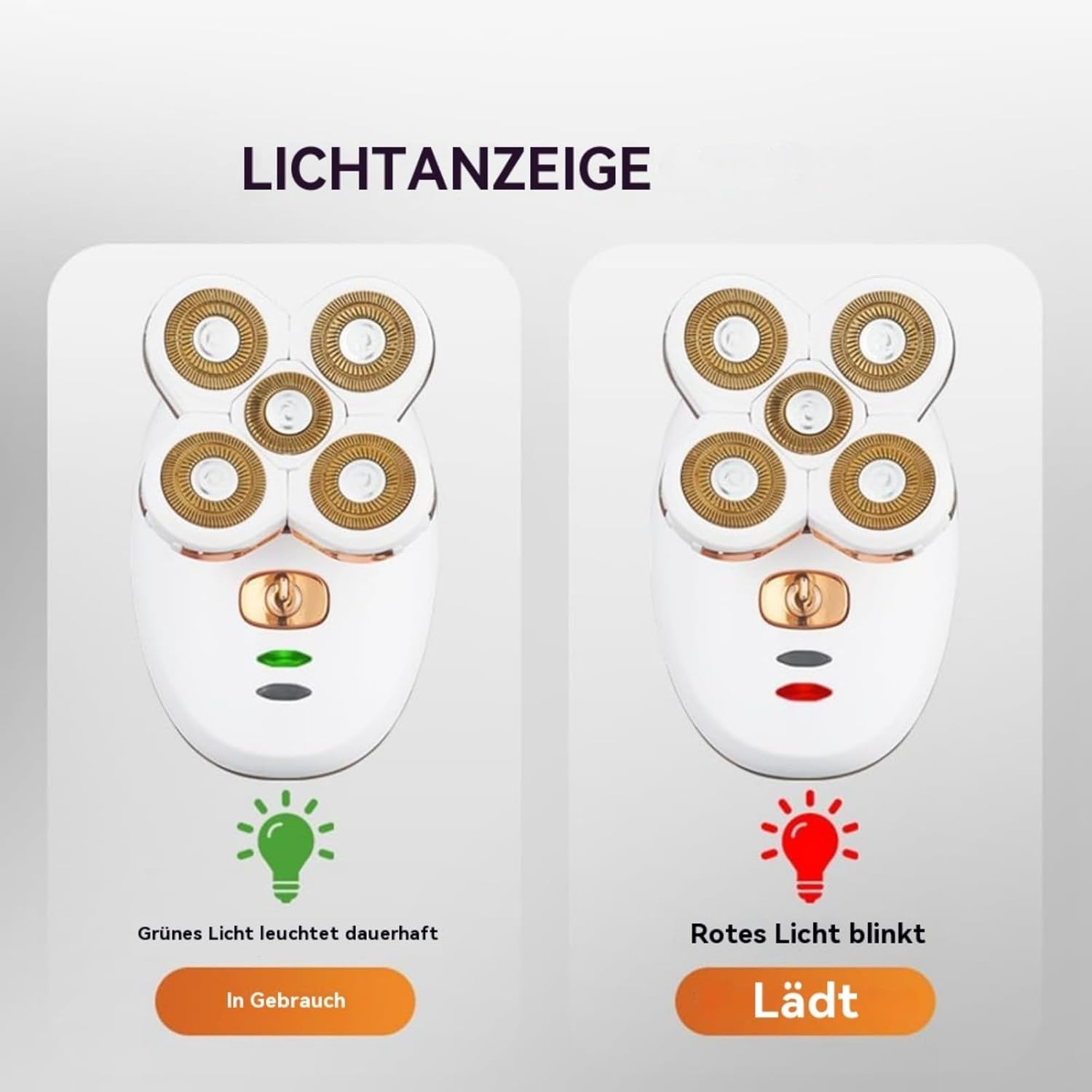Zwei weiße Epilierer gezeigt. Links: grünes Licht an, 