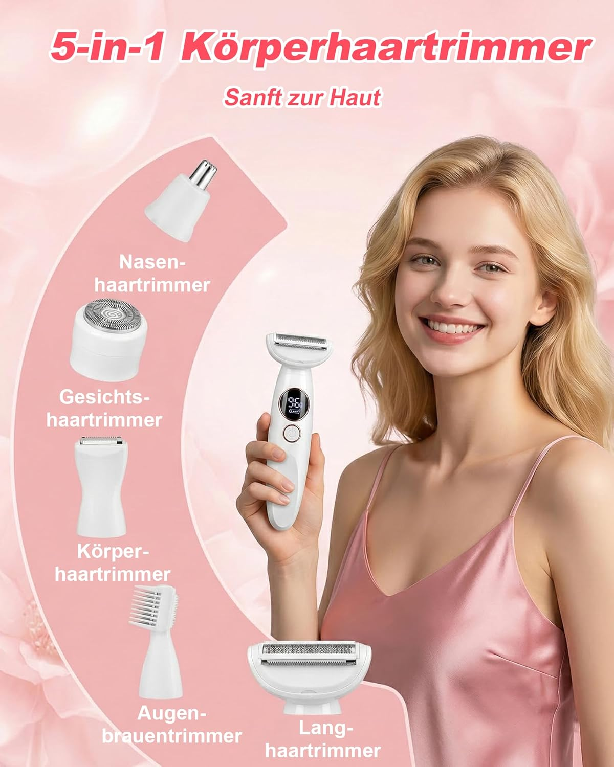 Ein lächelndes Model hält einen 5-in-1 Körperhaartrimmer mit Zubehörteilen.