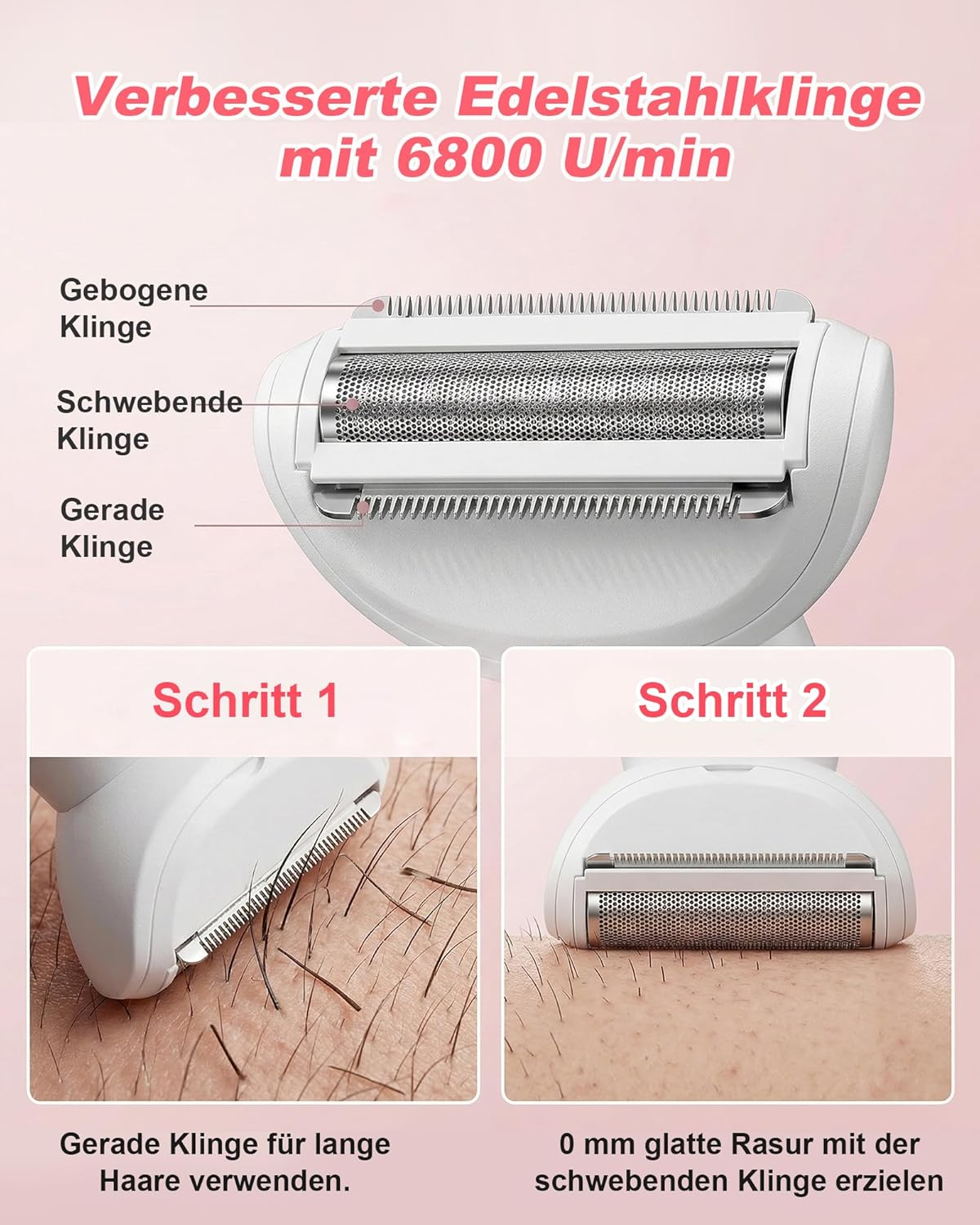 Nahaufnahme eines Rasierers mit drei Klingen: gebogen, schwebend, gerade.