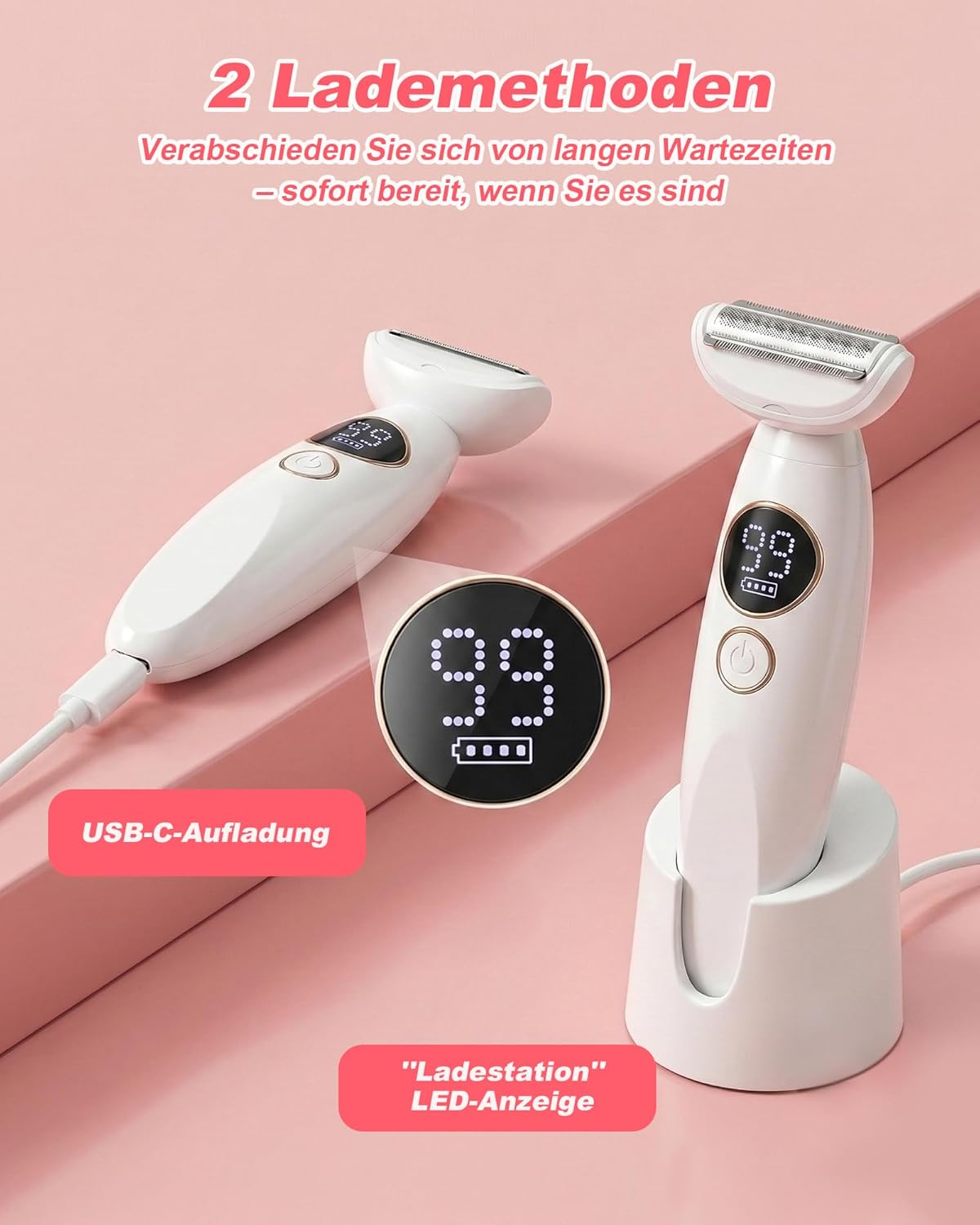 Zwei weiße Rasierer, einer mit USB-C-Kabel, der andere in Ladestation. LED-Anzeige.