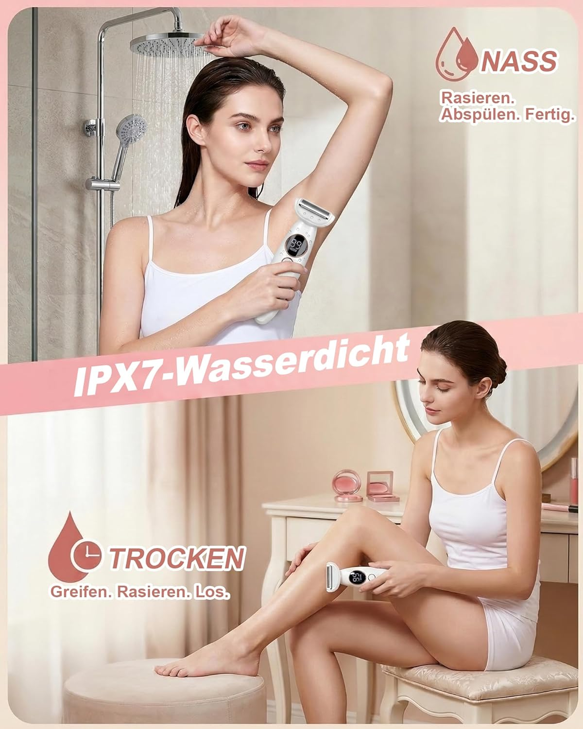 Frau rasiert Achseln in Dusche und Beine am Schminktisch mit elektrischem Rasierer.