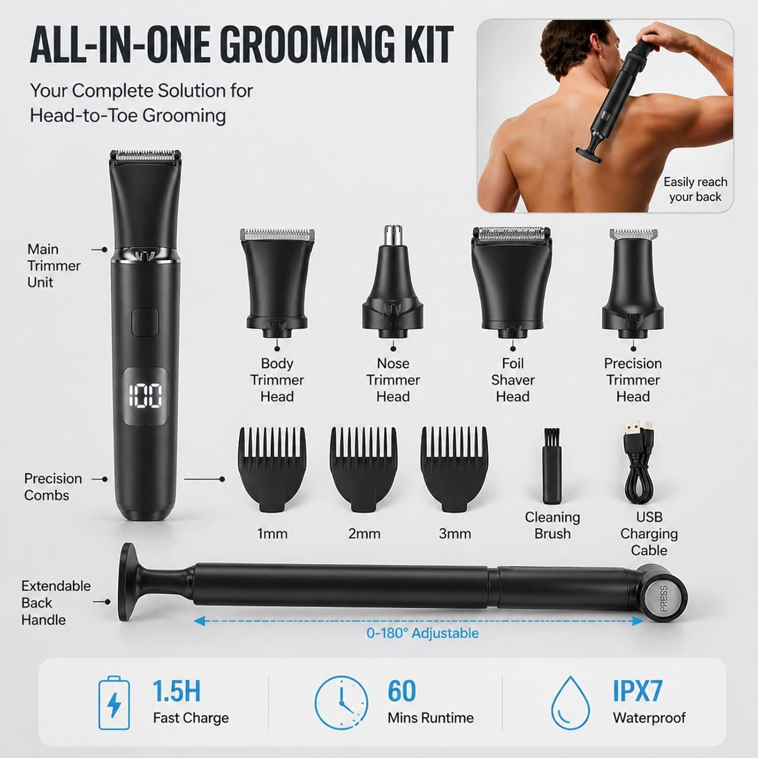 Ein All-in-One-Grooming-Kit mit Haupttrimmer, Aufsätzen, Bürste, Kabel und ausziehbarem Griff.