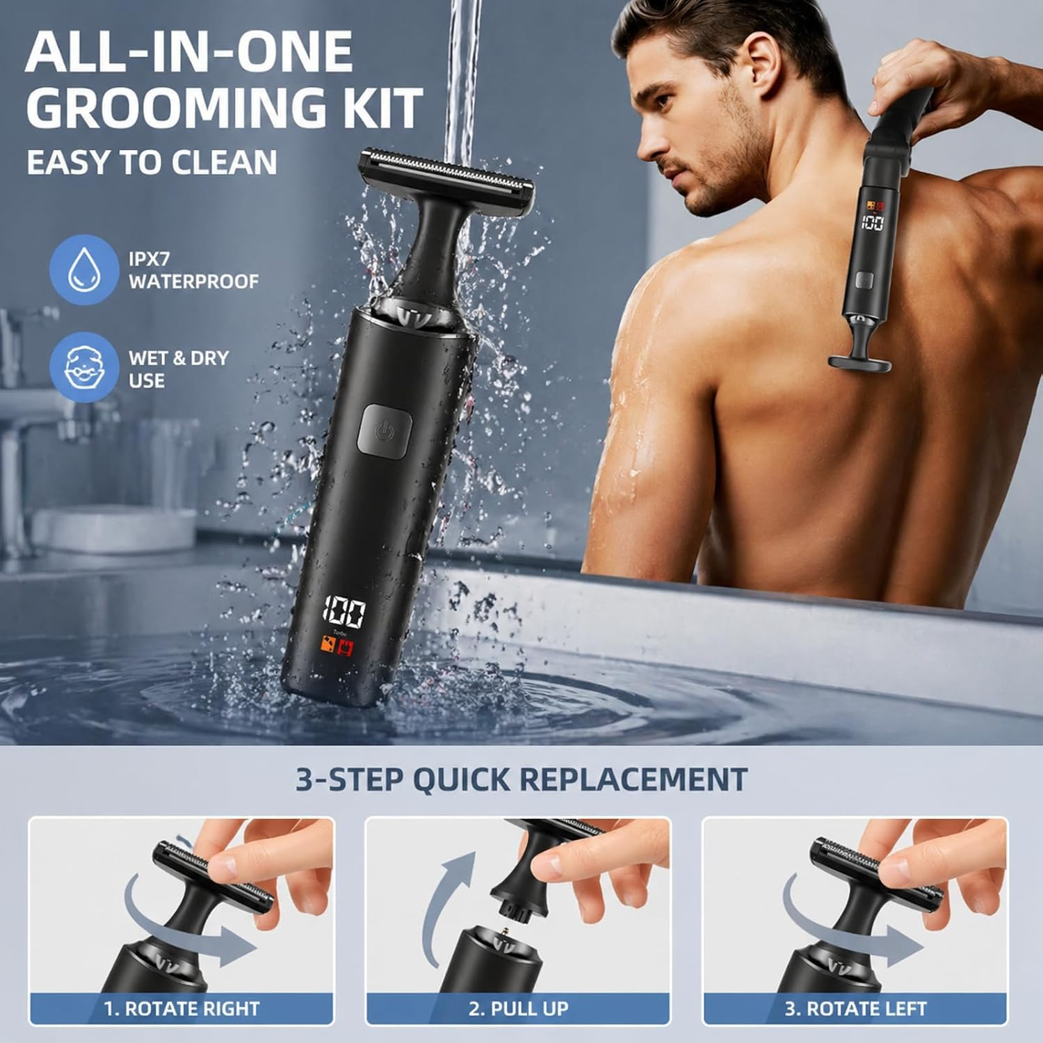 Ein Mann benutzt einen schwarzen All-in-One-Grooming-Kit unter Wasser. 3 Schritte erklärt.
