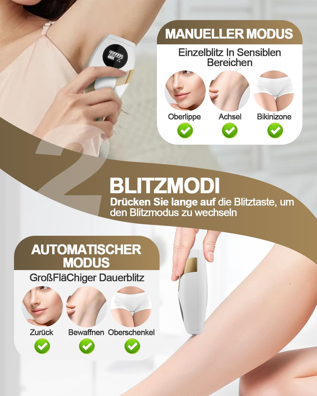 Haarentfernungsgerät zeigt Modi: manuell für Oberlippe, Achsel, Bikini; automatisch für große Flächen.